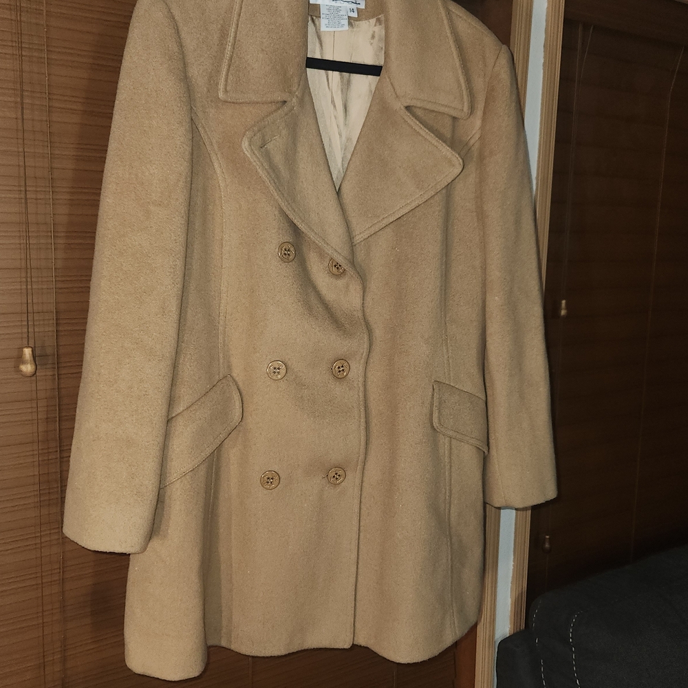 ⭐️Vintage Talbots Tan Wool Overcoat Double Breasted Peacoat Jacket Size 14